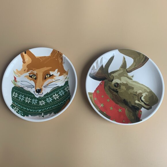 Magenta Woodland Critters Christmas Snack Plates Moose Fox 6” - Picture 1 of 6